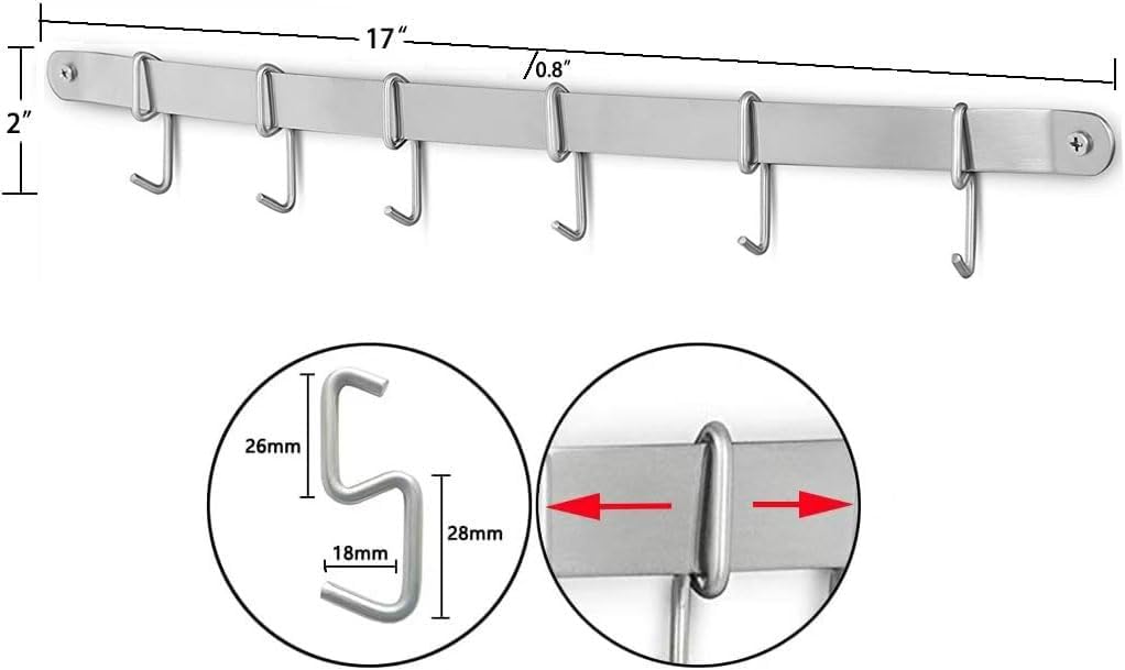 Stainless Steel Kitchen Utensil Racks Holder Hanging Rail Organize Pots Pans Kitchen Knife Gadgets On Wall Mounted Hanger Bar Rail Under Cabinet Shelf (6 Hook,17") Pack of 2