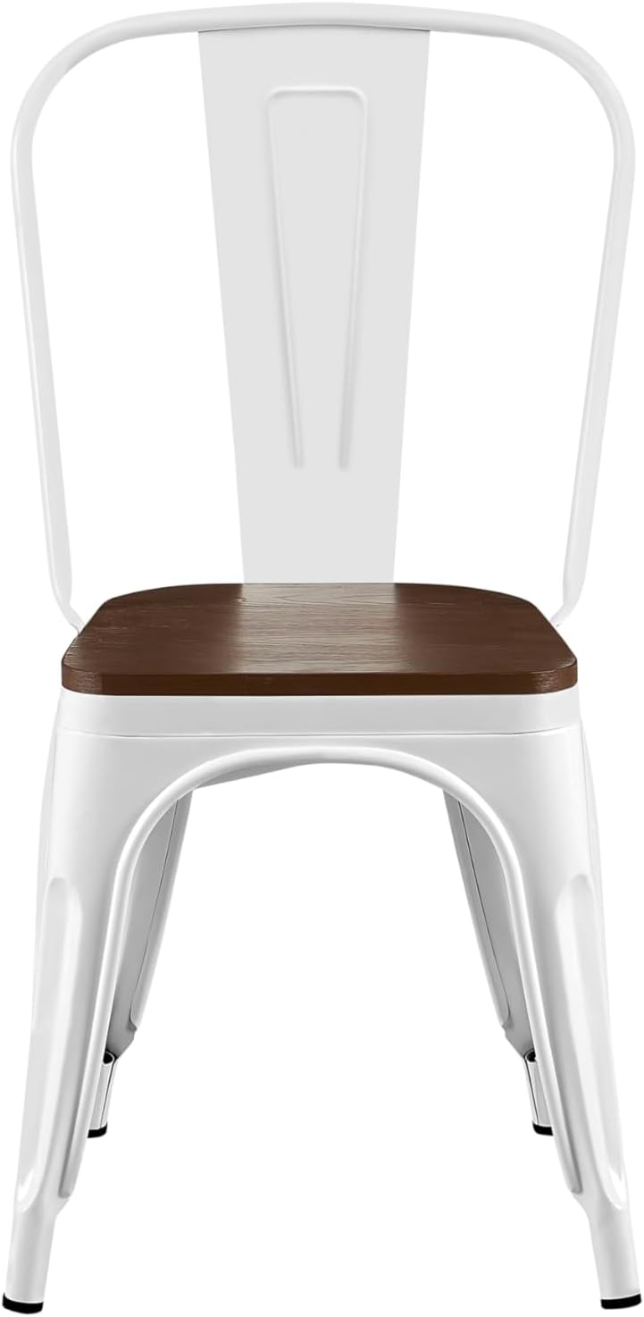 AC Pacific Stackable Metal Dining Chairs Set of 2 for Indoor and Outdoor Use, Durable Stacking Seat, Farmhouse Kitchen, Bar, Patio, Bistro, Cafe, Industrial Style, 2pcs, High Gloss White/Wooden Base