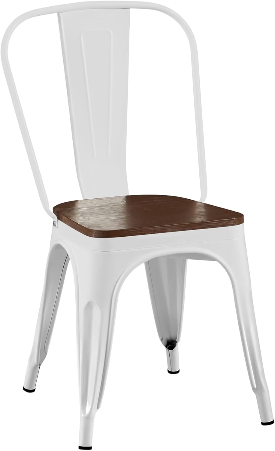 AC Pacific Stackable Metal Dining Chairs Set of 2 for Indoor and Outdoor Use, Durable Stacking Seat, Farmhouse Kitchen, Bar, Patio, Bistro, Cafe, Industrial Style, 2pcs, High Gloss White/Wooden Base
