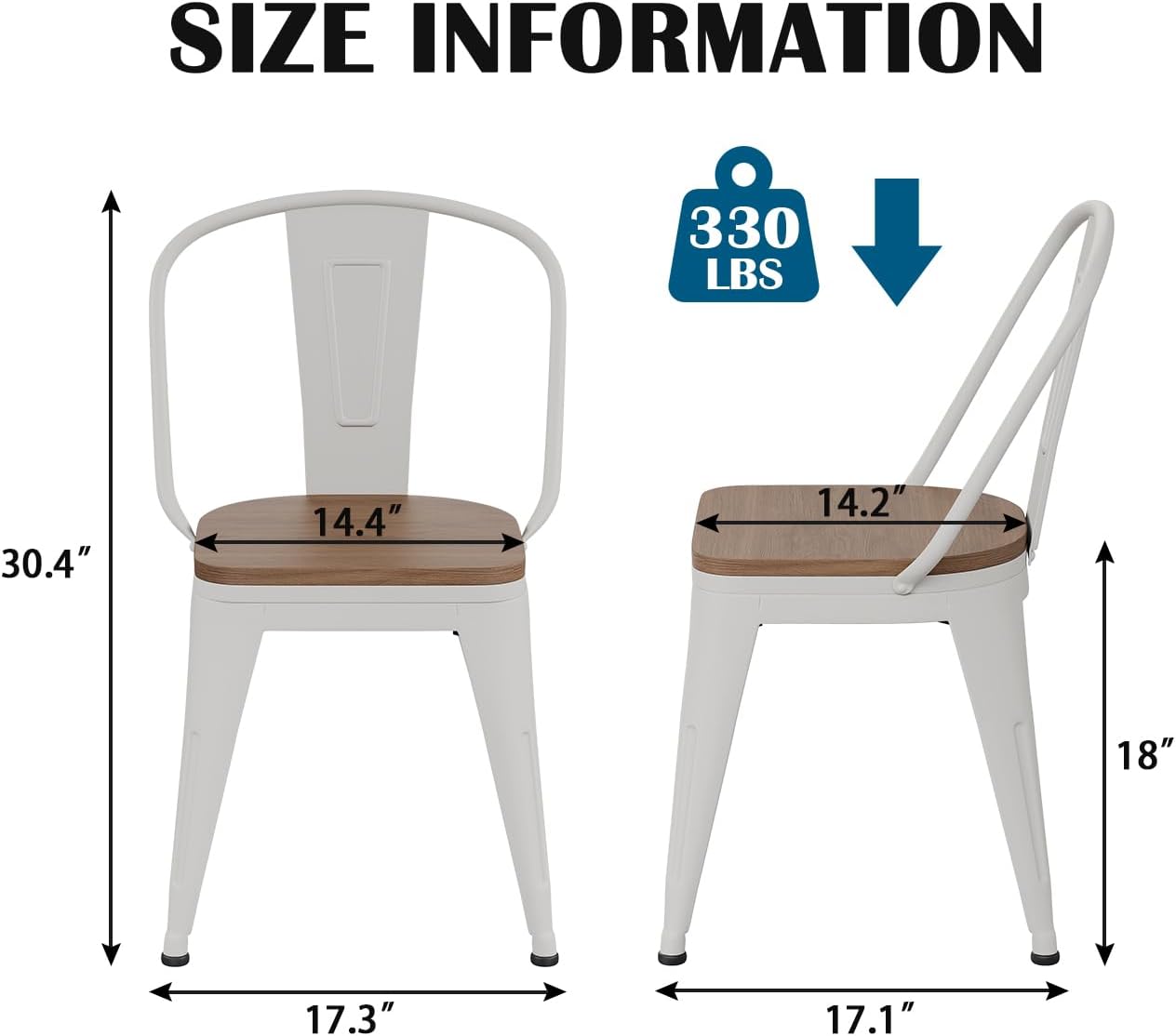18 Inch Metal Dining Chairs,Arlunar Farmhouse Chairs Set of 4 White Dining Room Chairs Stackable with Back and Wooden Seat bar stools