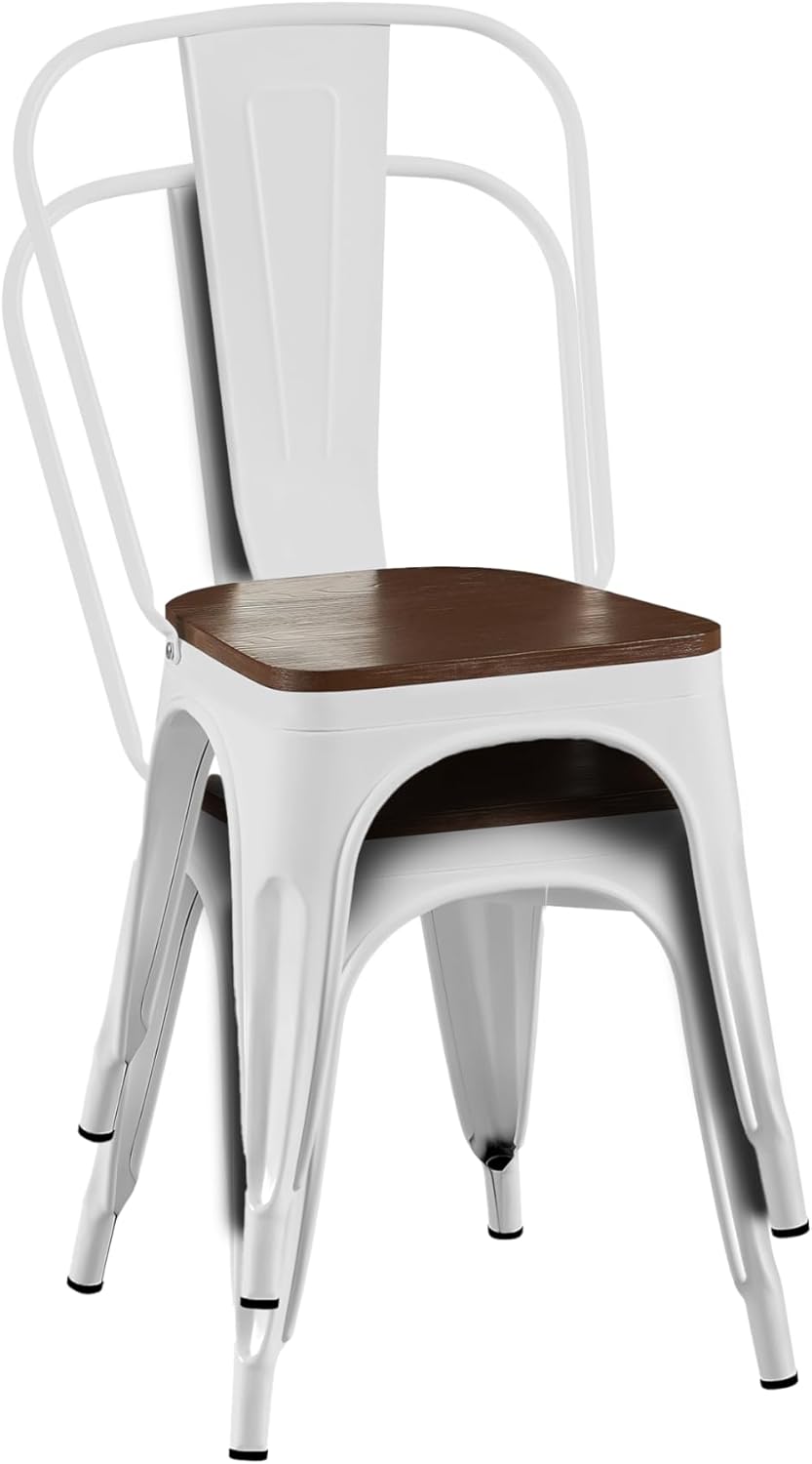 AC Pacific Stackable Metal Dining Chairs Set of 2 for Indoor and Outdoor Use, Durable Stacking Seat, Farmhouse Kitchen, Bar, Patio, Bistro, Cafe, Industrial Style, 2pcs, High Gloss White/Wooden Base