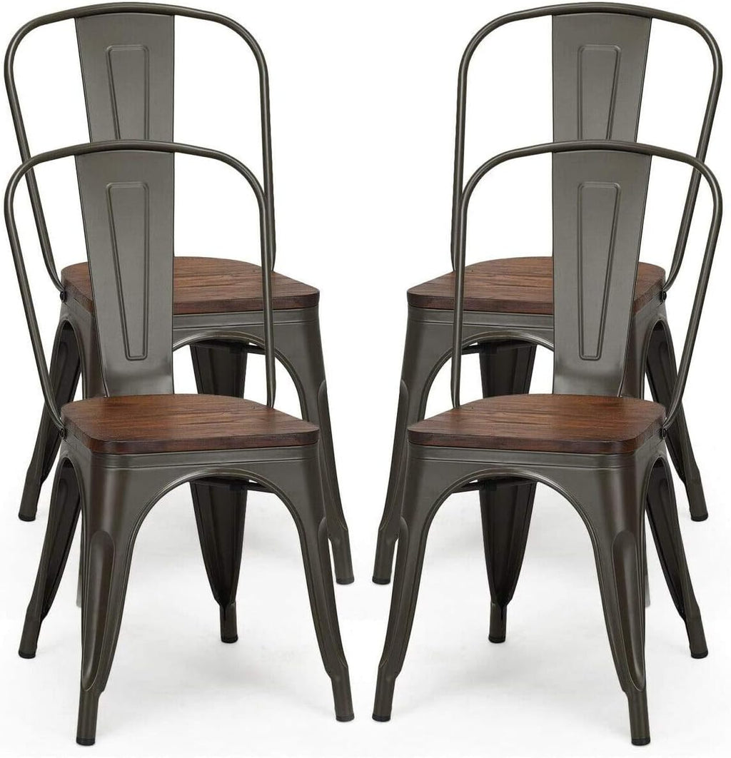 LDAILY LUARANE 18 Inch Dining Chair Set of 4, Vintage Industrial Stackable Counter Metal Bar Chairs, w/High Backrest Wood Seat Surface, for Home Kitchen Cafe Bar Use