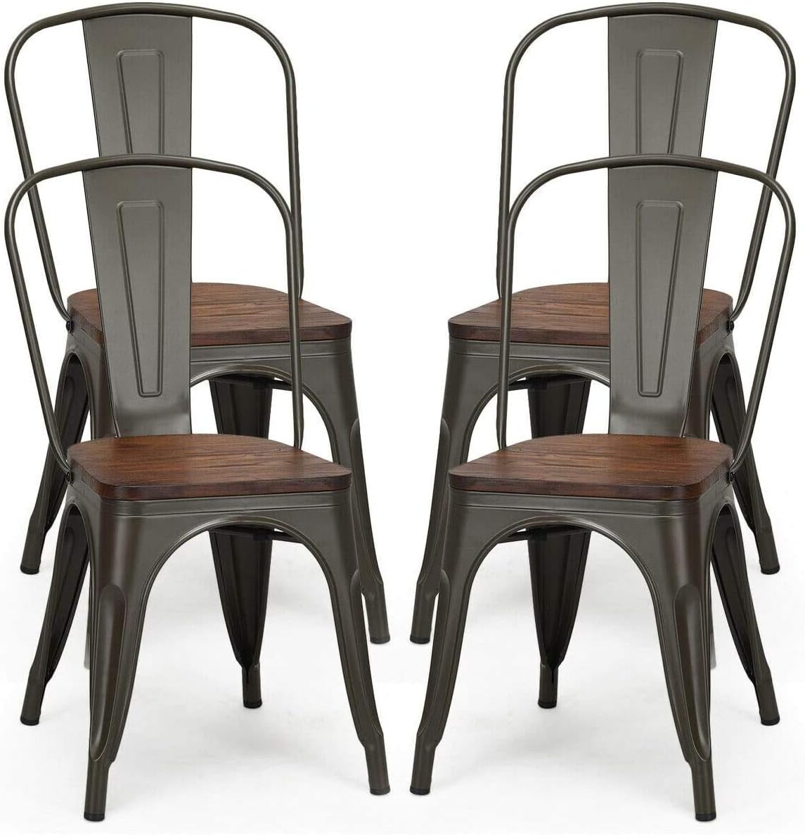 LDAILY LUARANE 18 Inch Dining Chair Set of 4, Vintage Industrial Stackable Counter Metal Bar Chairs, w/High Backrest Wood Seat Surface, for Home Kitchen Cafe Bar Use