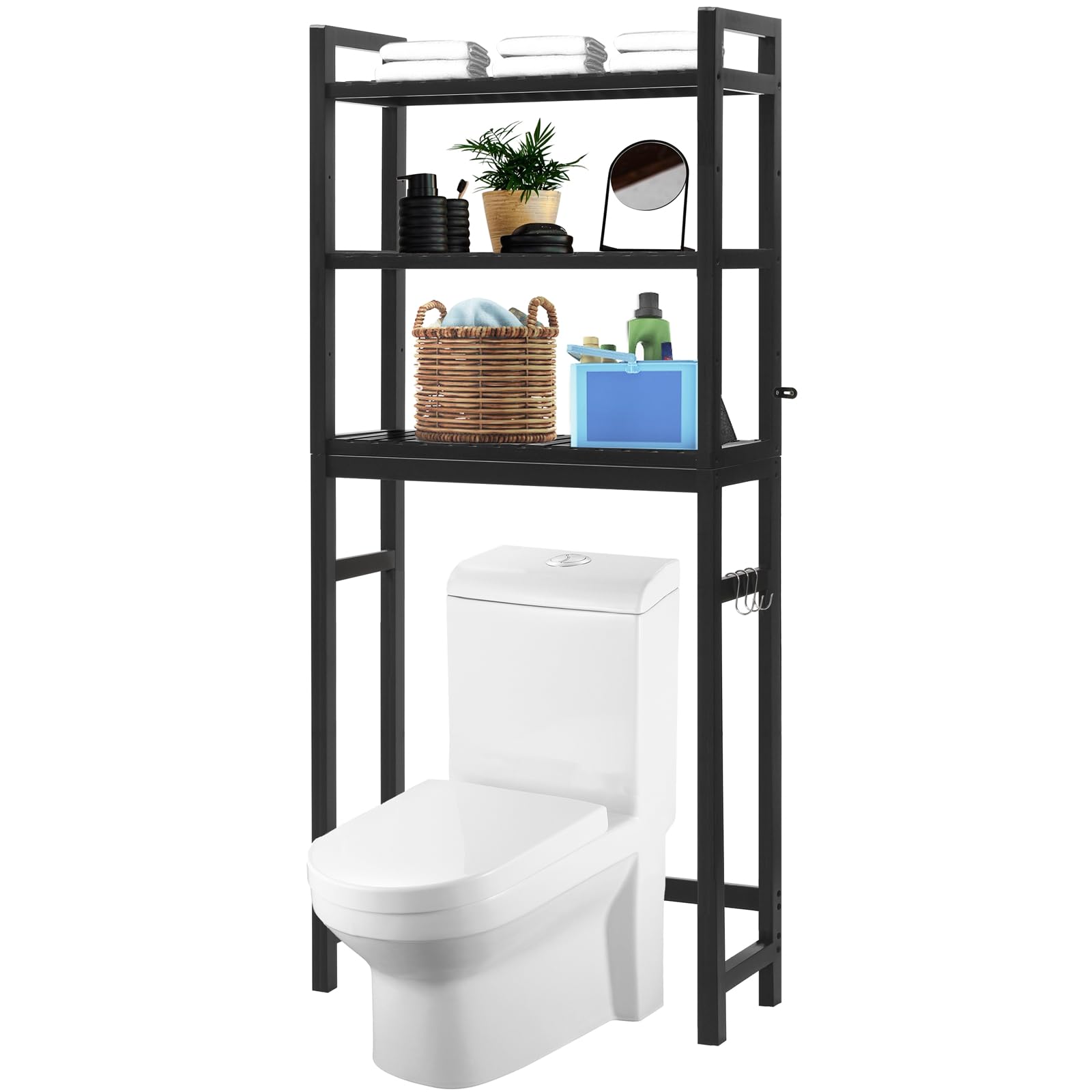 HITOMEN Over The Toilet Storage Cabinet, Bamboo Adjustable 3-Tier Above Toilet Shelf, Stable Freestanding Above Toilet Organizer with 3 Hooks for Bathroom Restroom Laundry Balcony, Natural 67" H