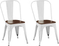 AC Pacific Stackable Metal Dining Chairs Set of 2 for Indoor and Outdoor Use, Durable Stacking Seat, Farmhouse Kitchen, Bar, Patio, Bistro, Cafe, Industrial Style, 2pcs, High Gloss White/Wooden Base