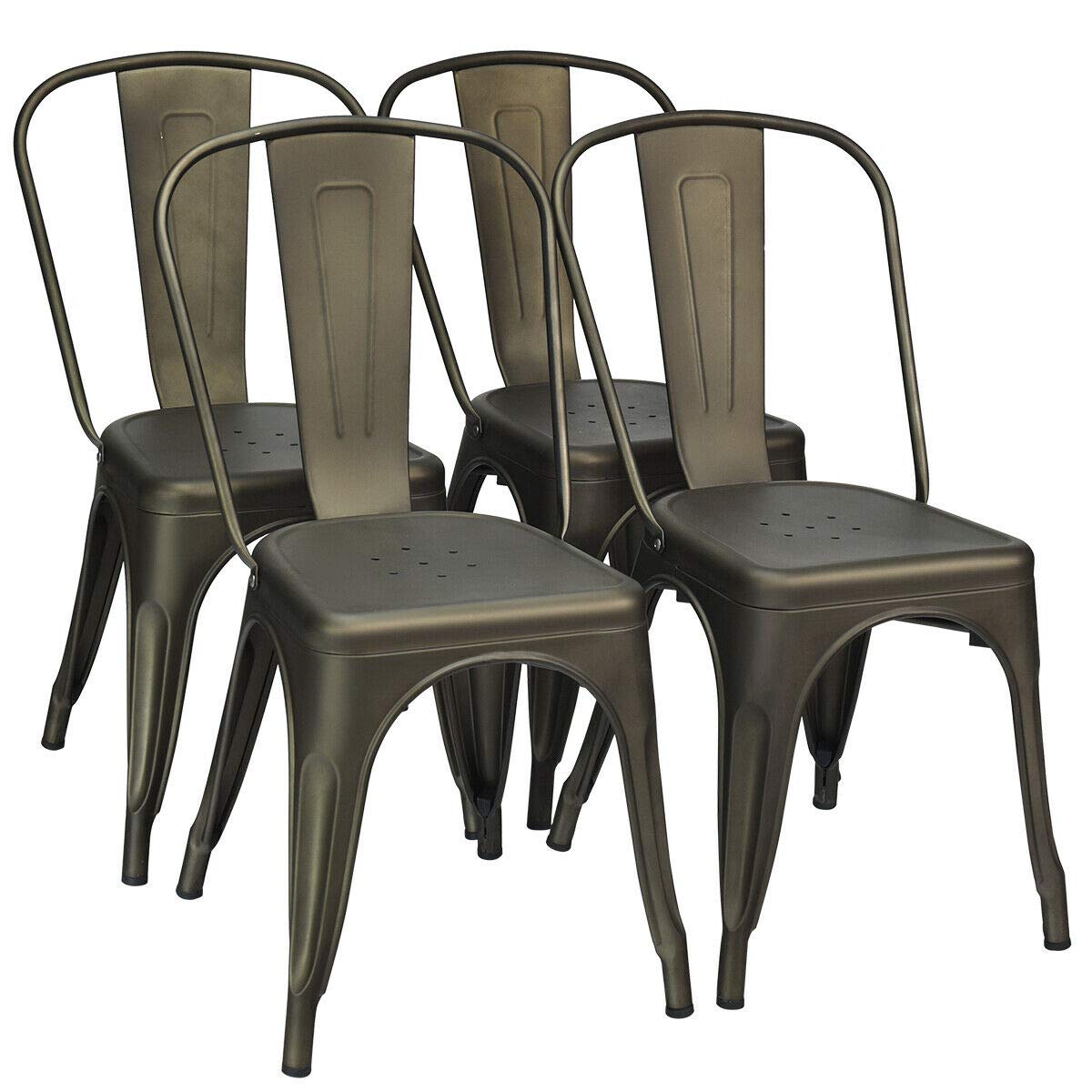 COSTWAY 18 Inch Dining Chair Set of 4, Industrial Vintage Stackable Metal Chairs, Counter Bar Chairs with High Backrest, Wood Seat, for Home, Kitchen and Cafe Bar Use