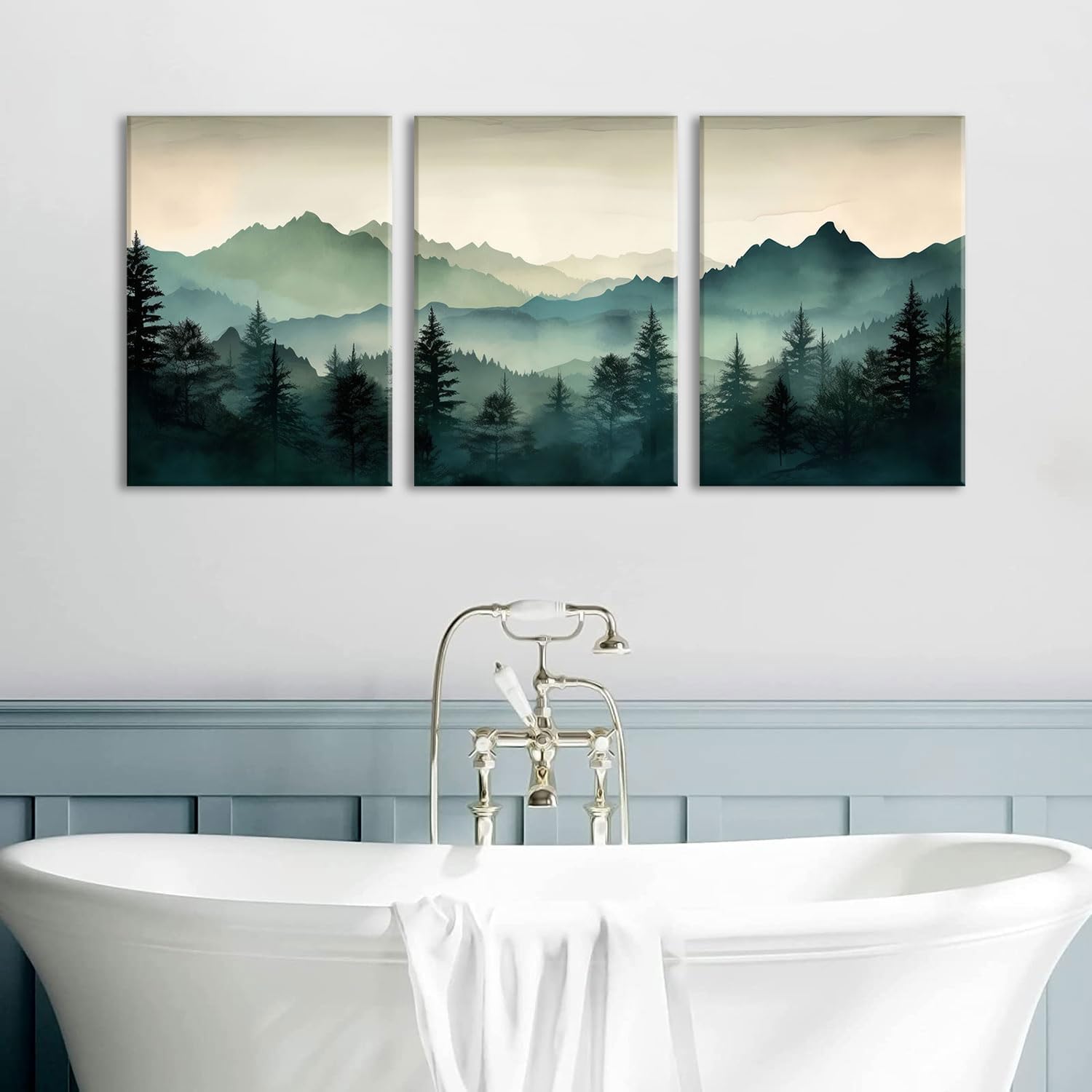 okudolit Framed Mountain Wall Art Set of 3 Sage Green Forest Canvas Prints Nature Landscape Watercolor Pictures Wall Decor Modern Painting for Living Room Bedroom Office 12x16in