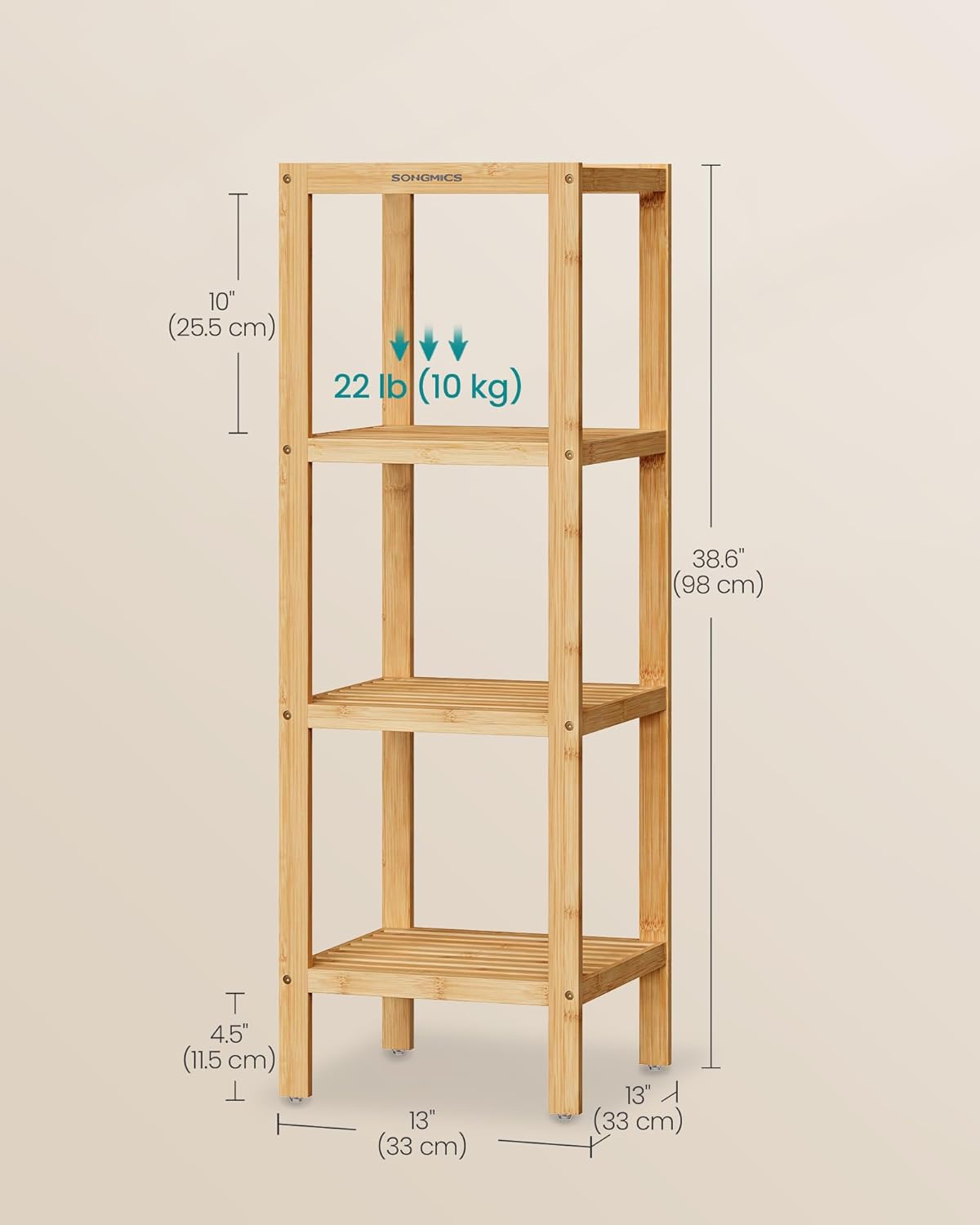 SONGMICS 4-Tier Bamboo Shelf, Narrow Bathroom Shelf, Standing Towel Rack, Corner Rack, for Kitchen, Living Room, Bedroom, Entryway, Bathroom, Natural UBCB54Y
