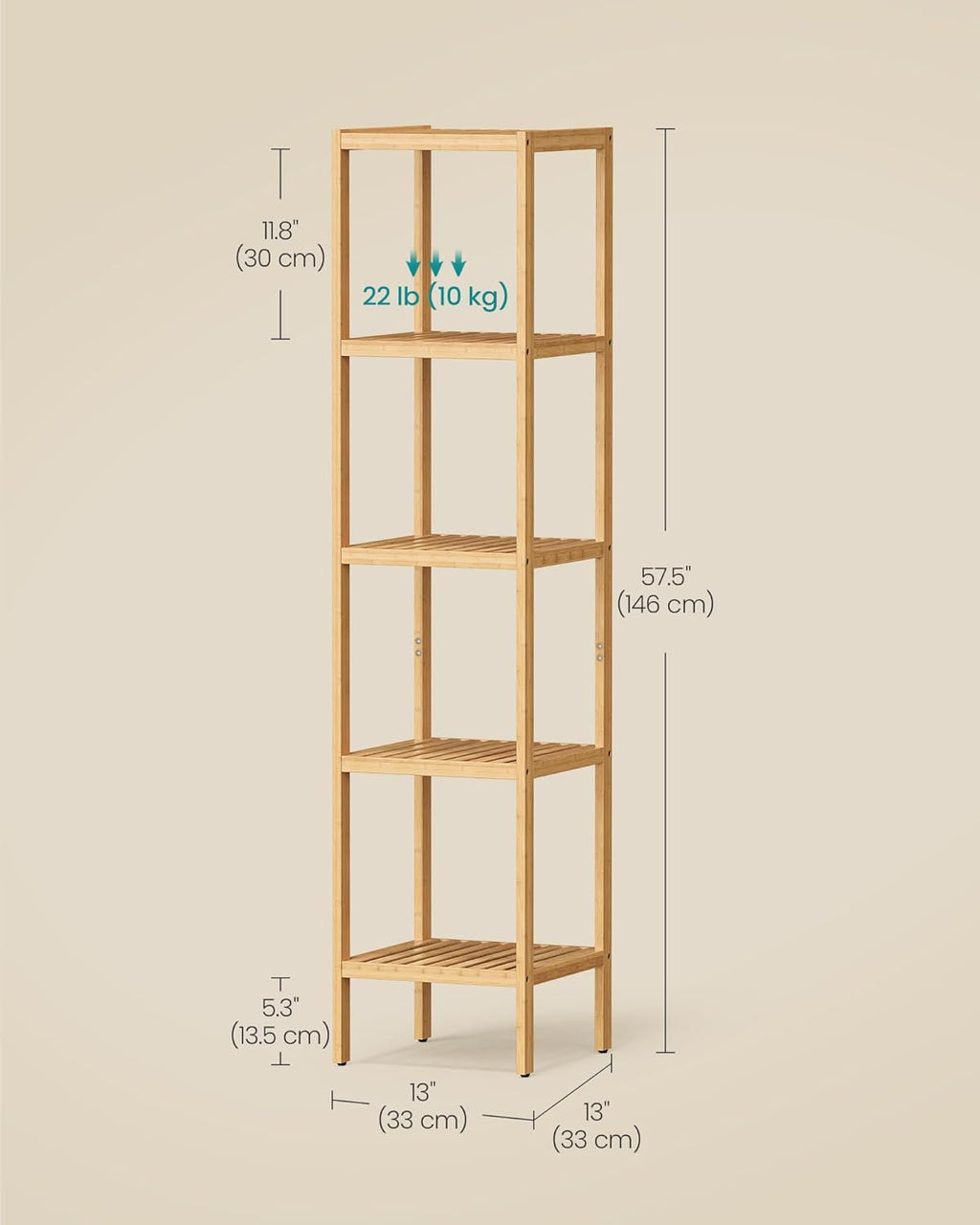SONGMICS Bamboo Storage Shelf, 5-Tier Shelving Unit, Multifunctional, in the Entryway, Bathroom, Living Room, Balcony, Kitchen, 13 x 13 x 57.5 Inches, Light Bamboo UBCB55Y