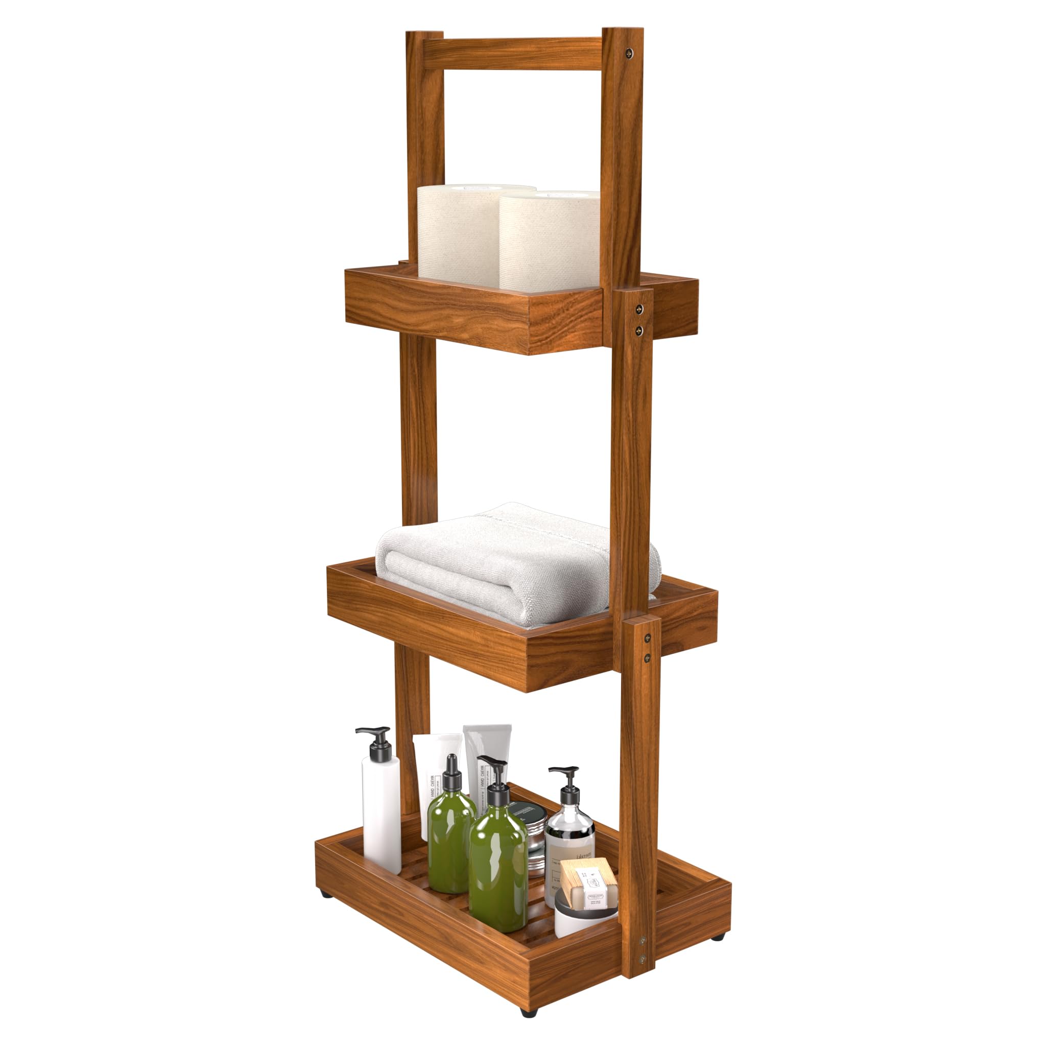 Teak Shower Shelf Bathroom Organizer - 3 Tier Multipurpose Shower Caddy with Non-Slip Base, Rustproof Durable Standing Towel Rack Toilet Paper Roll Holder for Bathroom Livingroom