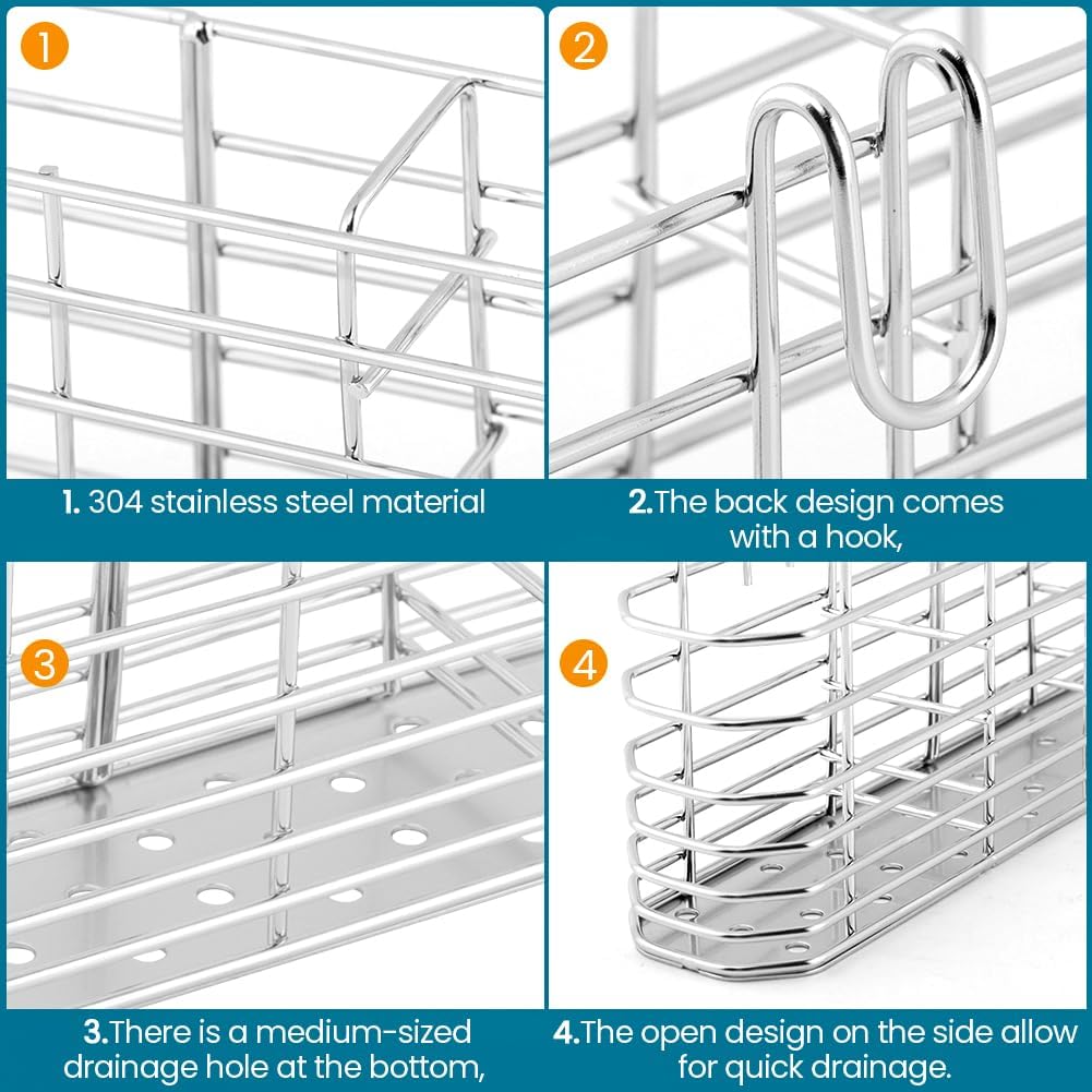 Utensil Drying Rack, 304 Stainless Steel Utensil Organizer Holder No Drilling Kitchen Drainage Basket with 3 Divided Compartments(COLOR:Silver)