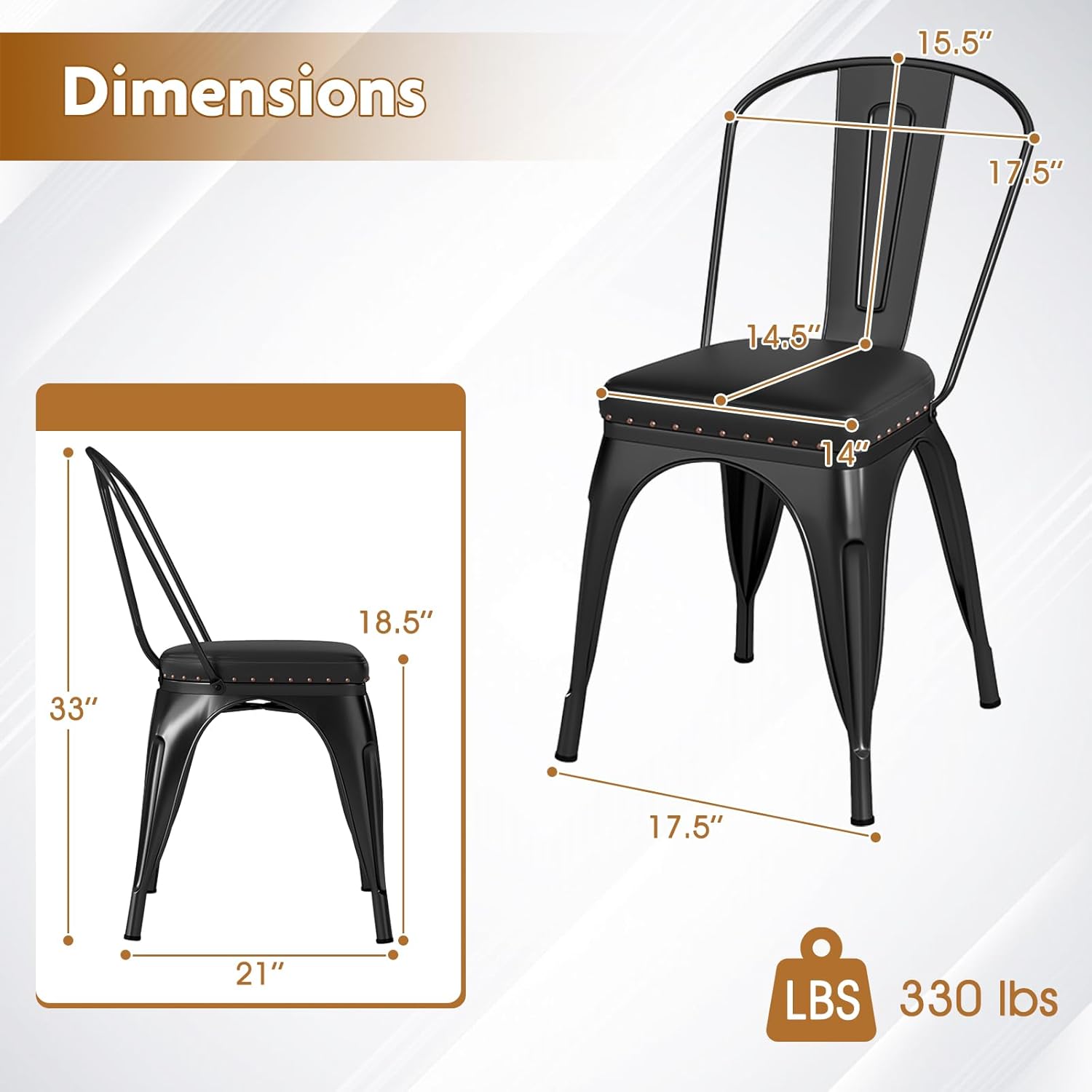 COSTWAY Metal Dining Chairs Set of 4, 18.5 Inch Stackable Industrial Kitchen Tolix Side Chairs with PU Leather Cushions, Detachable High Back for Dining Room, Cafe, Restaurant, Bistro (Black)