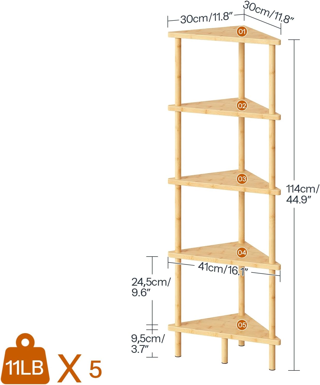 HOOBRO Corner Shelf Stand, 5-Tier Bamboo Corner Bookshelf, Plant Display Shelf, Corner Bookcase, Multipurpose Shelving Unit for Small Space, Living Room, Easy Assembly, Natural YL20CJ01
