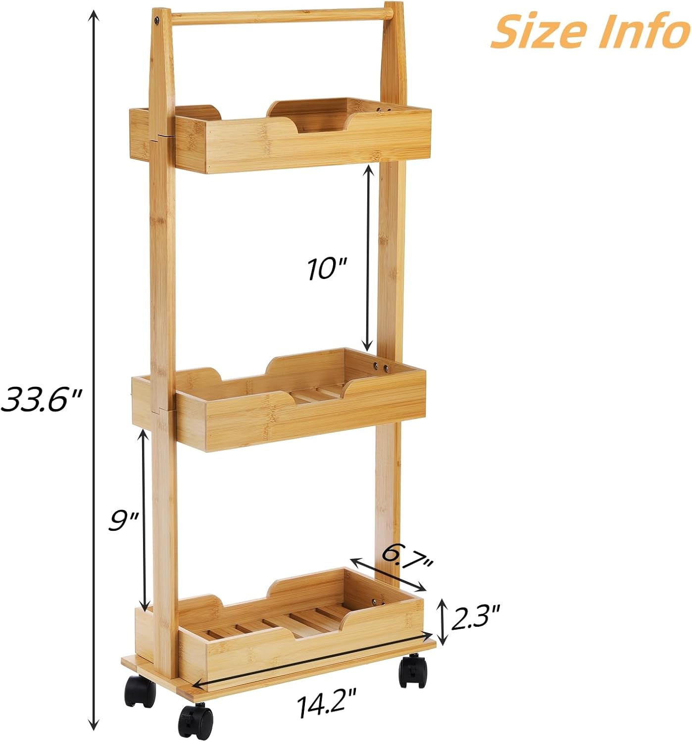 Lyellfe 3 Tire Shower Caddy Stand, Bamboo Shower Floor Organizer Corner with Sliding Wheels, Bathroom Caddy Shelf Rack for Bathtub, Office, Kitchen