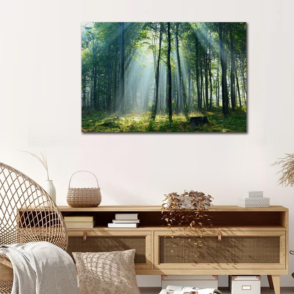 Nature Wall Art Green Forest Canvas Pictures Scenery Wall Art with Sunshine Photo Modern Tree Landscape Art Prints Decor Beautiful Mountain Artwork for Living Room Bedroom Kitchen Home Office Decorations 24x36inch