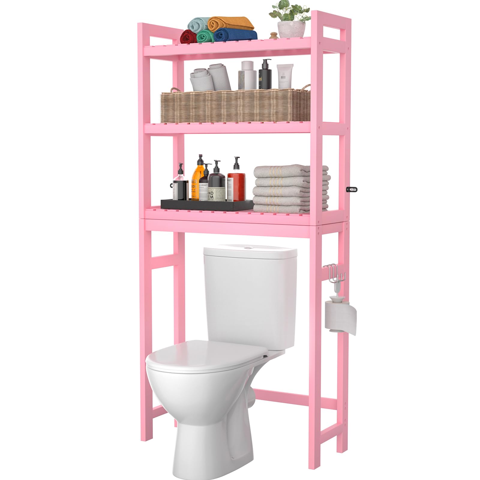 Homykic Over The Toilet Storage, 3-Tier Bamboo Bathroom Shelf with 3 Hooks, Above Toilet Organizer Rack Freestanding for Small Space, Restroom, Laundry, Easy Assembly, Natural