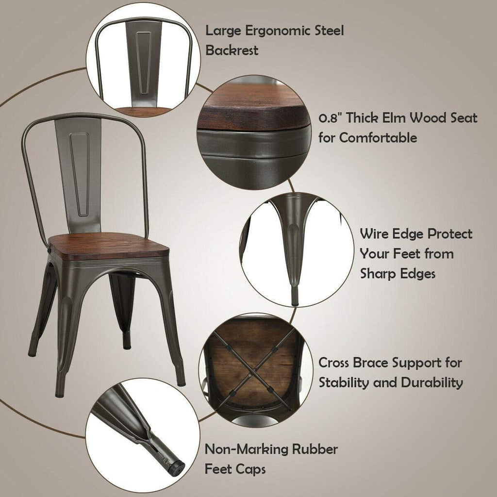 LDAILY LUARANE 18 Inch Dining Chair Set of 4, Vintage Industrial Stackable Counter Metal Bar Chairs, w/High Backrest Wood Seat Surface, for Home Kitchen Cafe Bar Use