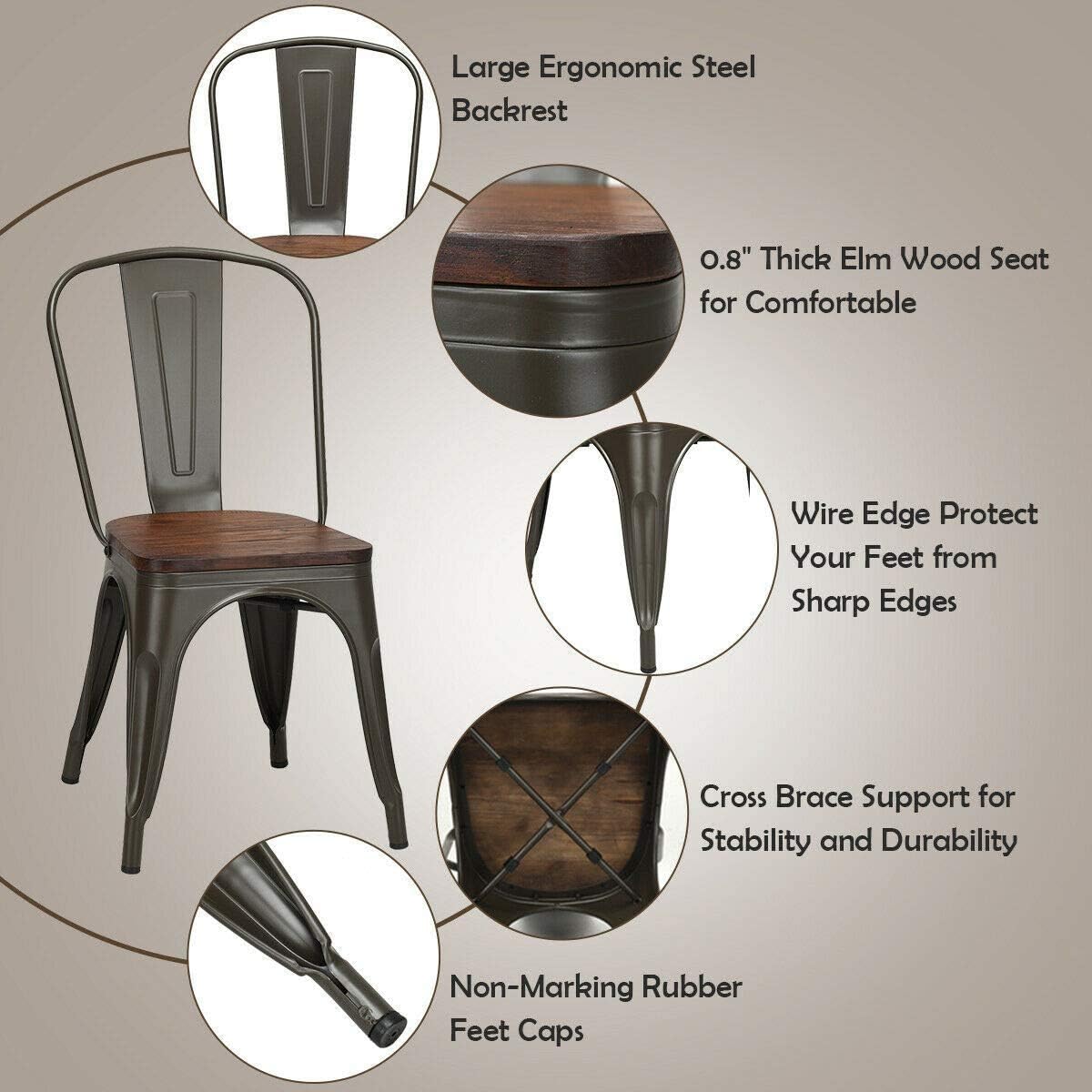 LDAILY LUARANE 18 Inch Dining Chair Set of 4, Vintage Industrial Stackable Counter Metal Bar Chairs, w/High Backrest Wood Seat Surface, for Home Kitchen Cafe Bar Use