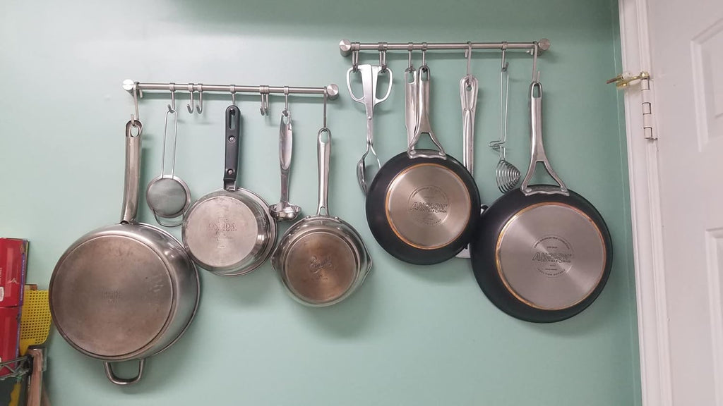 Audmore Kitchen Utensil Rack 2 Pack, 15.6 Inch Pots and Pans Hanging Rack Wall Mounted, 304 Stainless Steel Lid Cooking Utensil Hanger, 7 Sliding Hooks for Spatula Spoon, Measuring Cups, Coffee Mug