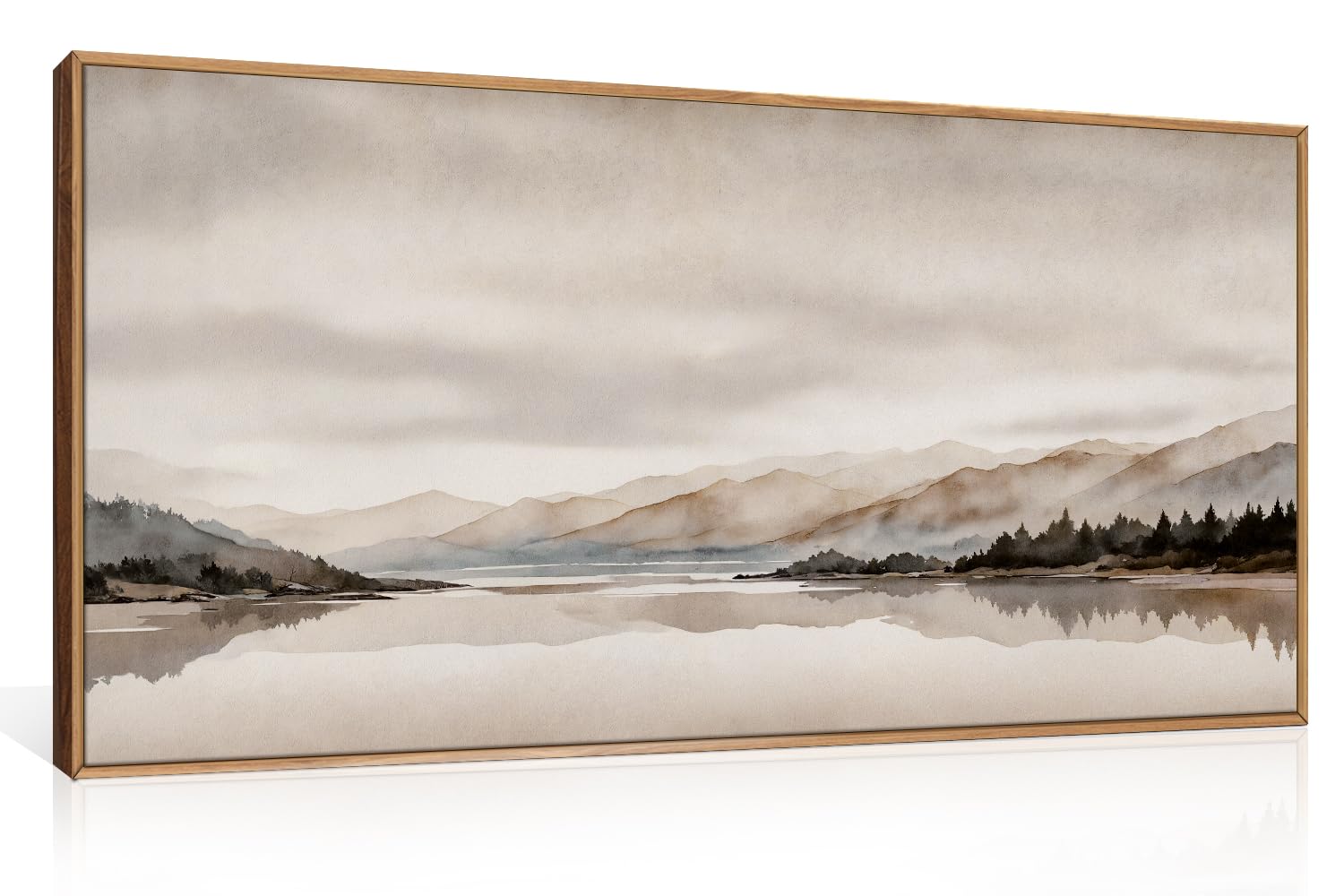 LHIUEM Abstract Mountain Brown Framed Canvas Wall Art,Neutral Watercolor Landscape Wall Decor,Minimalist Grey Beige Lake Artwork for Living Room,Bedroom,Dining Room,Office -20"x40"x1