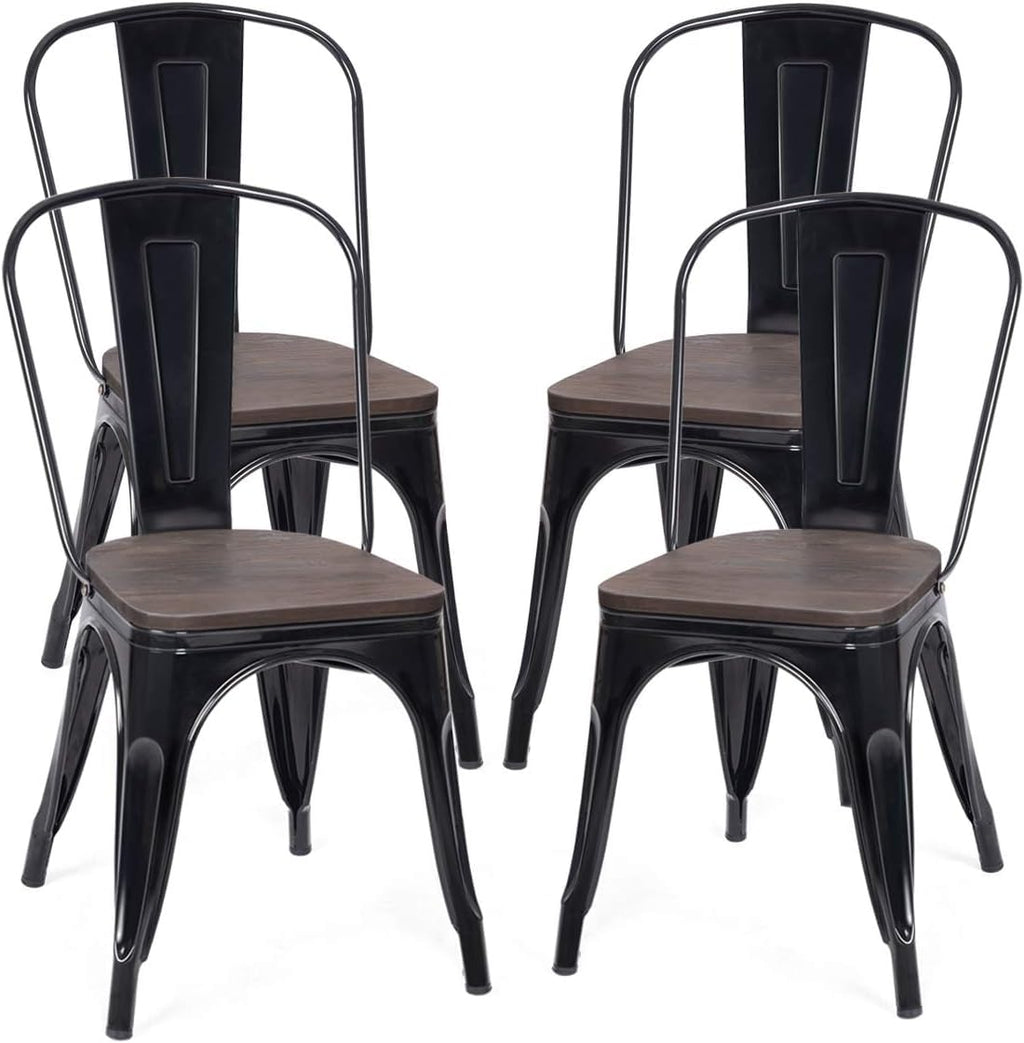 LDAILY LUARANE 18 Inch Dining Chair Set of 4, Vintage Industrial Stackable Counter Metal Bar Chairs, w/High Backrest Wood Seat Surface, for Home Kitchen Cafe Bar Use