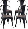 LDAILY LUARANE 18 Inch Dining Chair Set of 4, Vintage Industrial Stackable Counter Metal Bar Chairs, w/High Backrest Wood Seat Surface, for Home Kitchen Cafe Bar Use