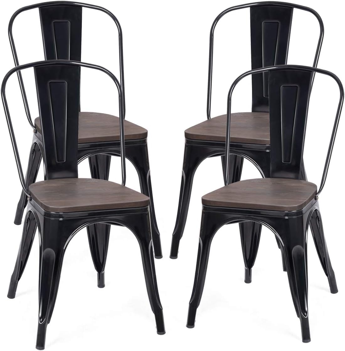 LDAILY LUARANE 18 Inch Dining Chair Set of 4, Vintage Industrial Stackable Counter Metal Bar Chairs, w/High Backrest Wood Seat Surface, for Home Kitchen Cafe Bar Use