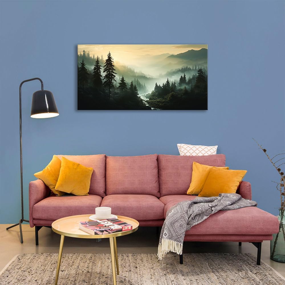 BYXART Misty Forest Canvas Wall Art Foggy Mountain Landscape Nature Picture Decor for Bathroom Living Room Pine Trees Smoky Scenery Painting Artwork for Bedroom Home Office Decorations 40L x20W