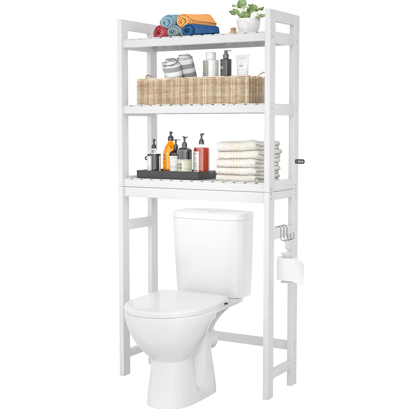 Homykic Over The Toilet Storage, 3-Tier Bamboo Bathroom Shelf with 3 Hooks, Above Toilet Organizer Rack Freestanding for Small Space, Restroom, Laundry, Easy Assembly, Natural