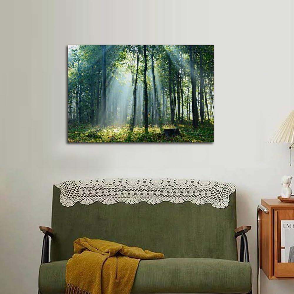 Nature Wall Art Green Forest Canvas Pictures Scenery Wall Art with Sunshine Photo Modern Tree Landscape Art Prints Decor Beautiful Mountain Artwork for Living Room Bedroom Kitchen Home Office Decorations 24x36inch
