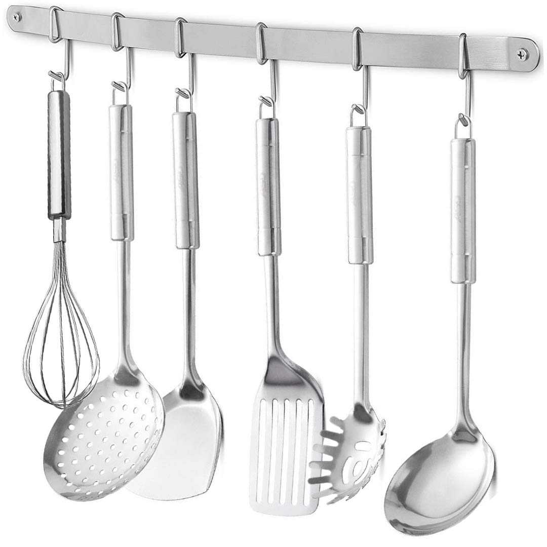 Stainless Steel Kitchen Utensil Racks Holder Hanging Rail Organize Pots Pans Kitchen Knife Gadgets On Wall Mounted Hanger Bar Rail Under Cabinet Shelf (6 Hook,17") Pack of 2