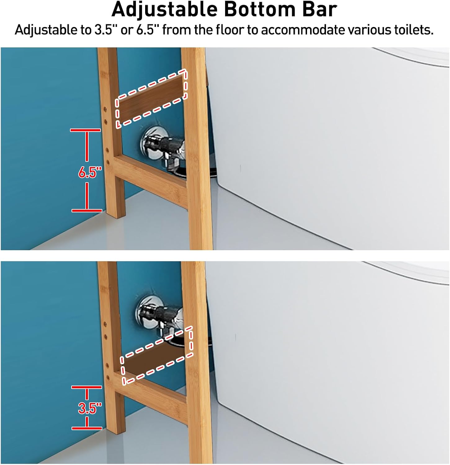 HITOMEN Over The Toilet Storage Cabinet, Bamboo Adjustable 3-Tier Above Toilet Shelf, Stable Freestanding Above Toilet Organizer with 3 Hooks for Bathroom Restroom Laundry Balcony, Natural 67" H