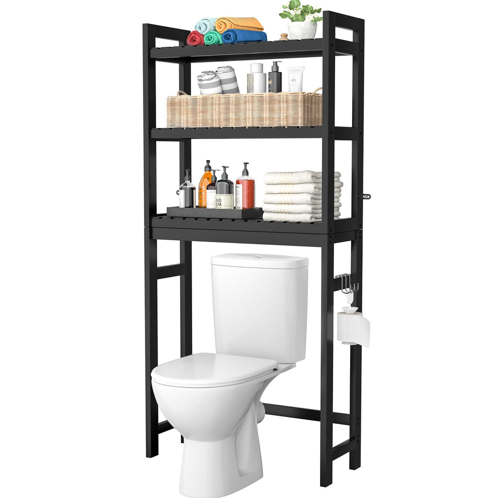 Homykic Over The Toilet Storage, 3-Tier Bamboo Bathroom Shelf with 3 Hooks, Above Toilet Organizer Rack Freestanding for Small Space, Restroom, Laundry, Easy Assembly, Natural