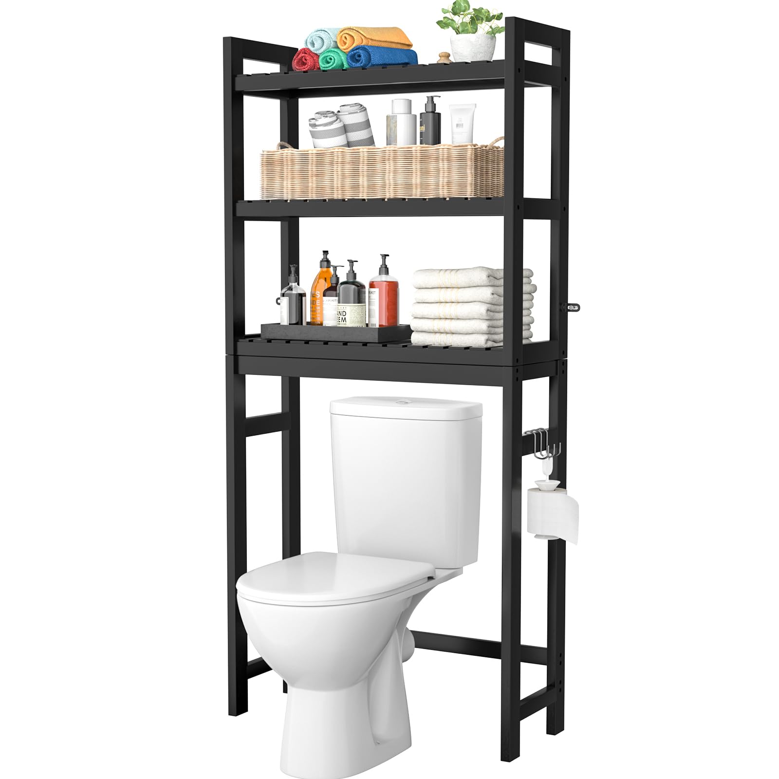 Homykic Over The Toilet Storage, 3-Tier Bamboo Bathroom Shelf with 3 Hooks, Above Toilet Organizer Rack Freestanding for Small Space, Restroom, Laundry, Easy Assembly, Natural