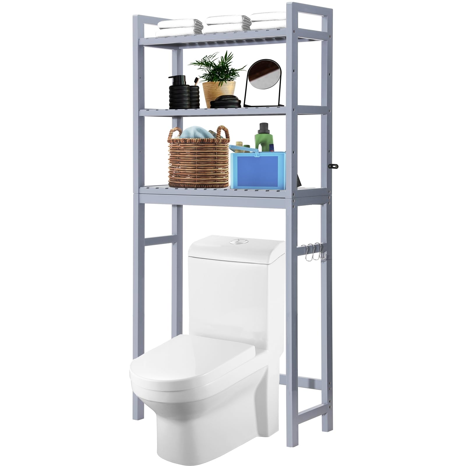 HITOMEN Over The Toilet Storage Cabinet, Bamboo Adjustable 3-Tier Above Toilet Shelf, Stable Freestanding Above Toilet Organizer with 3 Hooks for Bathroom Restroom Laundry Balcony, Natural 67" H
