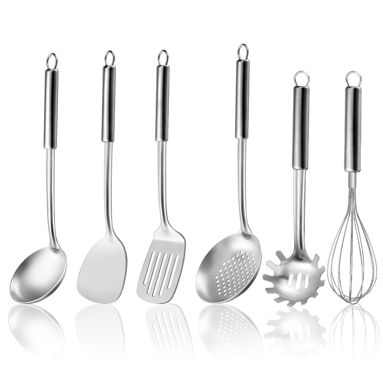 Stainless Steel Kitchen Cooking Utensils Set of 7 - Kitchen Utensils with Hanging Rack, Spatula, Slotted Turner, Soup Ladle, Slotted Spoon, Whisk, Pasta Server, Holder, Dishwasher Safe