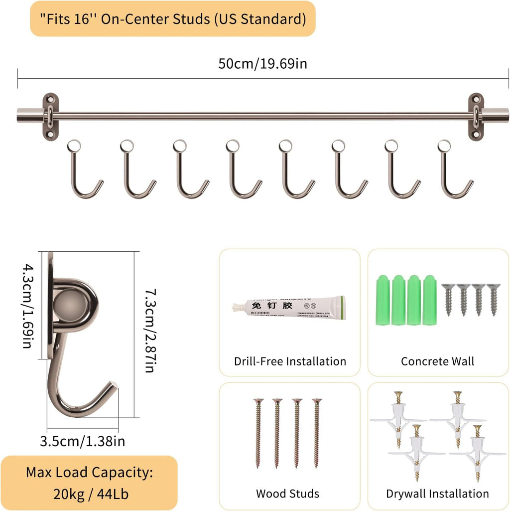 20" Kitchen Utensil Rack with Adjustable Holes - 8 Sliding Hooks 304 Stainless Steel, Pots and Pans Hanging Rack Wall Mounted 2 Packs