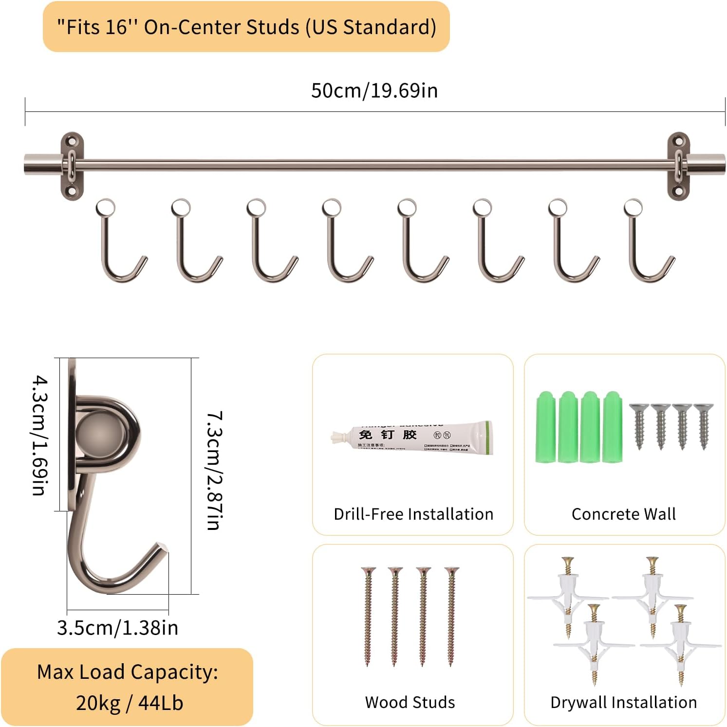 20" Kitchen Utensil Rack with Adjustable Holes - 8 Sliding Hooks 304 Stainless Steel, Pots and Pans Hanging Rack Wall Mounted 2 Packs