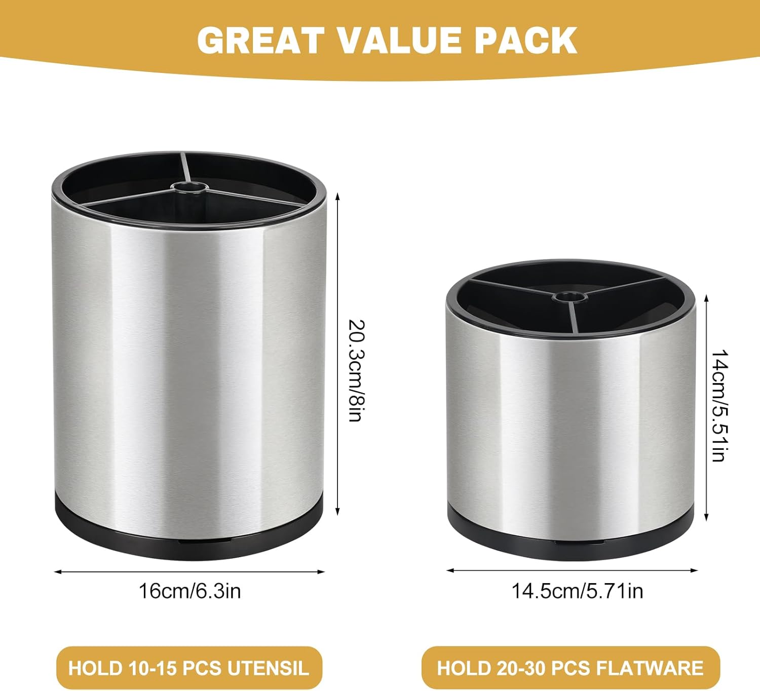 2Pack Kitchen Utensil Holder Set - 360° Rotating Stainless Steel Large Cooking Utensil Stand for Counter, 3 Compartment Flatware Caddy with Removable Base for Knife, Fork & Spoon Organizer - Sliver