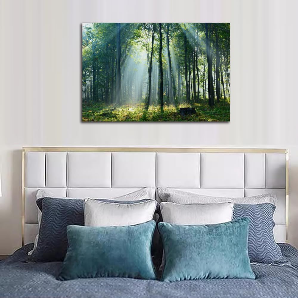 Nature Wall Art Green Forest Canvas Pictures Scenery Wall Art with Sunshine Photo Modern Tree Landscape Art Prints Decor Beautiful Mountain Artwork for Living Room Bedroom Kitchen Home Office Decorations 24x36inch