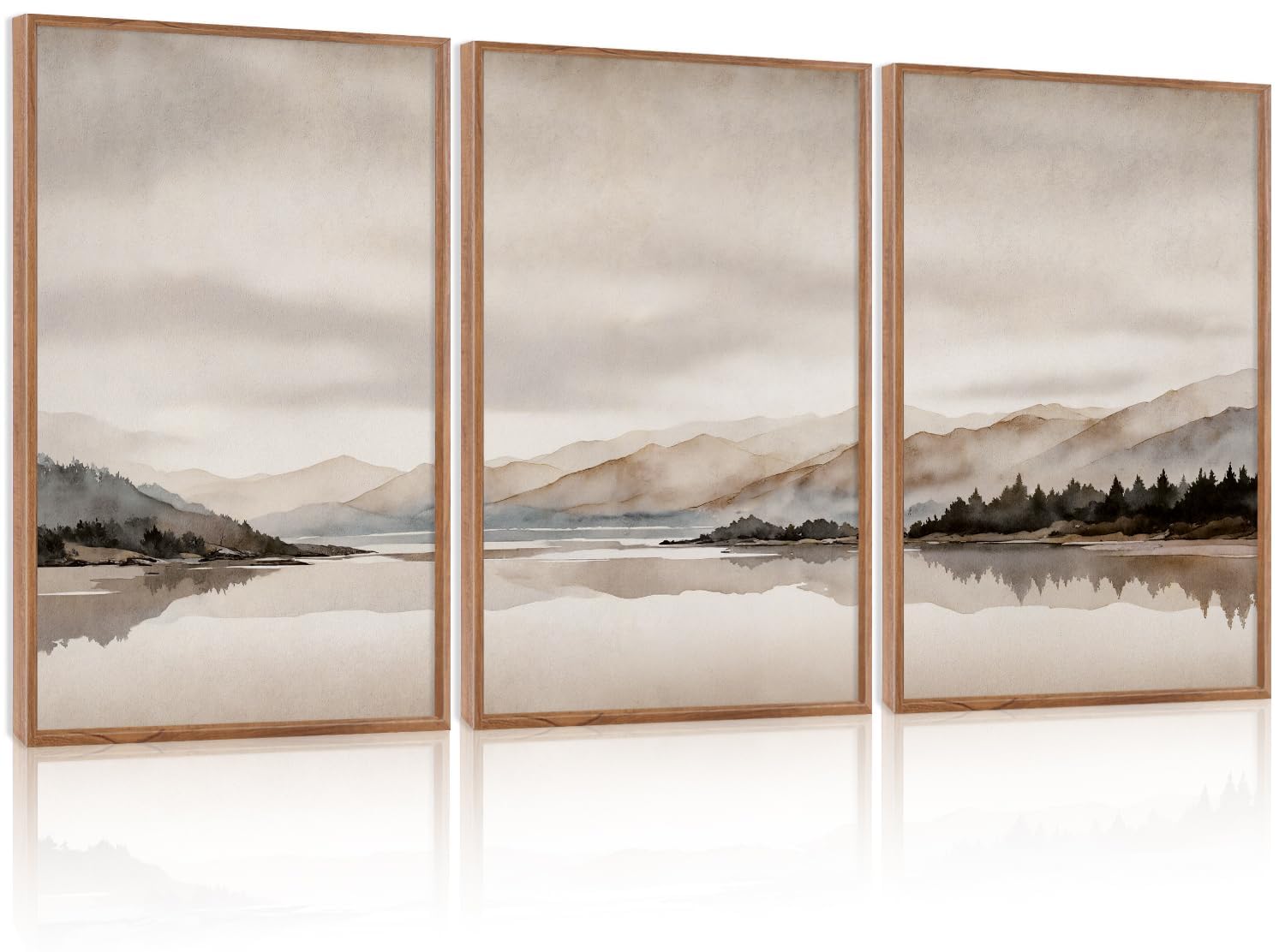 LHIUEM Abstract Mountain Brown Framed Canvas Wall Art,Neutral Watercolor Landscape Wall Decor,Minimalist Grey Beige Lake Artwork for Living Room,Bedroom,Dining Room,Office -20"x40"x1