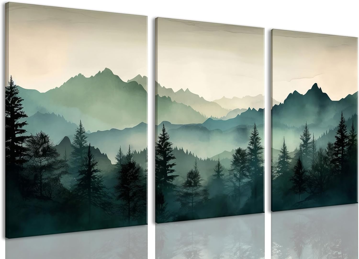 okudolit Framed Mountain Wall Art Set of 3 Sage Green Forest Canvas Prints Nature Landscape Watercolor Pictures Wall Decor Modern Painting for Living Room Bedroom Office 12x16in