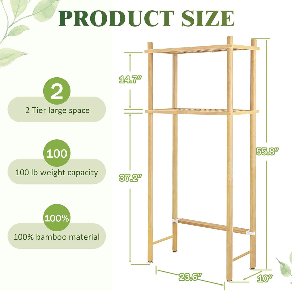 WANGMUXIA 2-Tier Bamboo Over the Toilet Storage Shelf, Bathroom Organizer Shelf with Wall Anchor, 50% Thicker Heavy-Duty Structural Design,Freestanding Space Saving Organizer for Bathroom