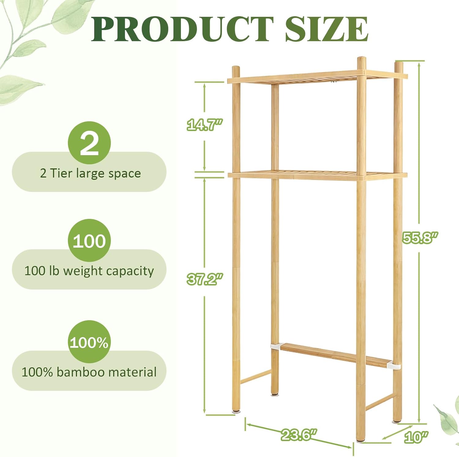 WANGMUXIA 2-Tier Bamboo Over the Toilet Storage Shelf, Bathroom Organizer Shelf with Wall Anchor, 50% Thicker Heavy-Duty Structural Design,Freestanding Space Saving Organizer for Bathroom
