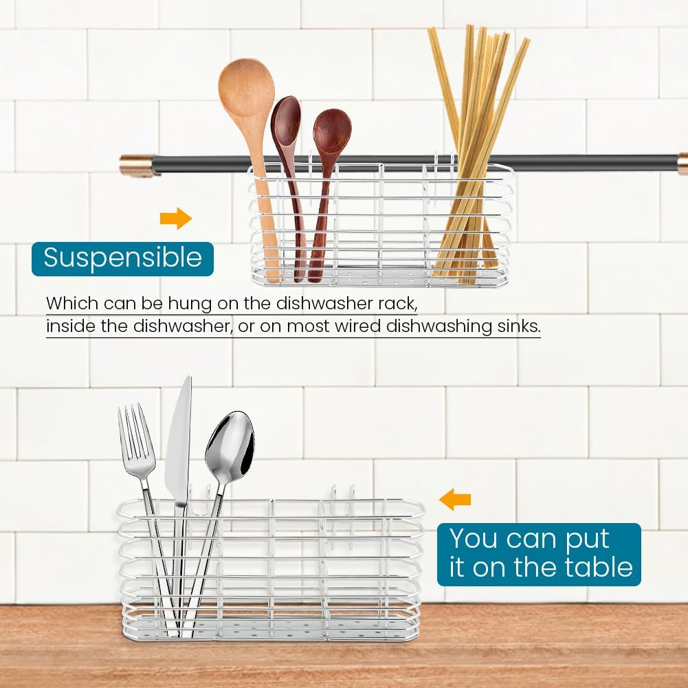 Utensil Drying Rack, 304 Stainless Steel Utensil Organizer Holder No Drilling Kitchen Drainage Basket with 3 Divided Compartments(COLOR:Silver)