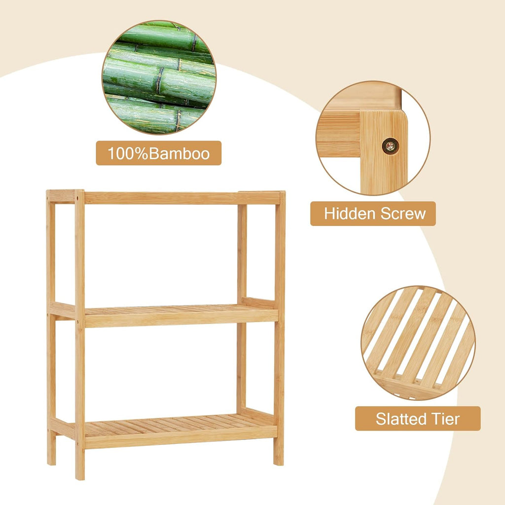 Bamboo Bathroom Shelf, Stand Utility Storage Shelf Multifunctional Bathroom Kitchen Living Room Holder Plant Flower Stand (3-Tier)