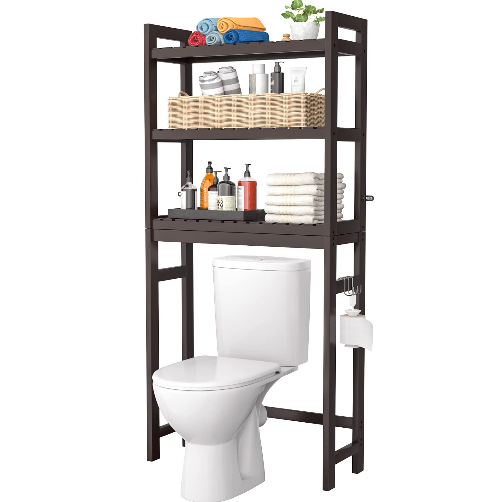 Homykic Over The Toilet Storage, 3-Tier Bamboo Bathroom Shelf with 3 Hooks, Above Toilet Organizer Rack Freestanding for Small Space, Restroom, Laundry, Easy Assembly, Natural