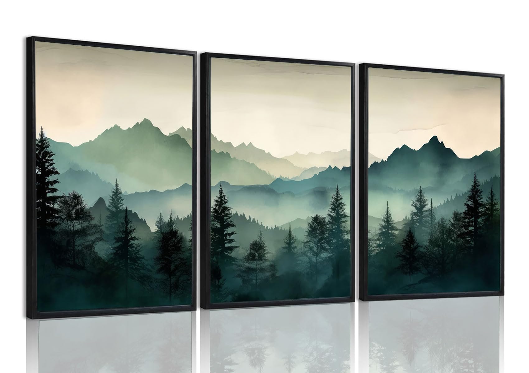 okudolit Framed Mountain Wall Art Set of 3 Sage Green Forest Canvas Prints Nature Landscape Watercolor Pictures Wall Decor Modern Painting for Living Room Bedroom Office 12x16in
