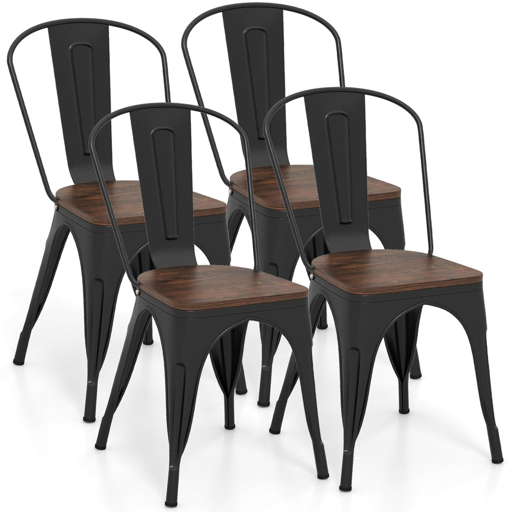 COSTWAY 18 Inch Dining Chair Set of 4, Industrial Vintage Stackable Metal Chairs, Counter Bar Chairs with High Backrest, Wood Seat, for Home, Kitchen and Cafe Bar Use