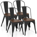 COSTWAY 18 Inch Dining Chair Set of 4, Industrial Vintage Stackable Metal Chairs, Counter Bar Chairs with High Backrest, Wood Seat, for Home, Kitchen and Cafe Bar Use